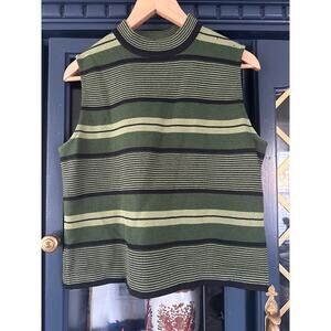 St John Green black Striped Santana Knit Blouse  Mock Neck sweater M